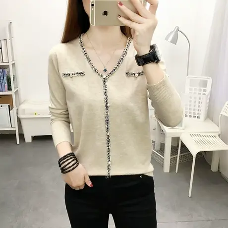 V领针织衫长袖t恤女2022春季新款女上衣宽松薄款毛衣女小香风外套商品大图