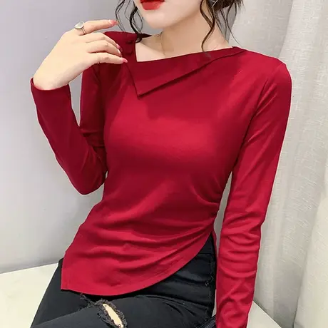 2023初秋新款设计感不规则T恤女长袖洋气百搭小衫修身显瘦上衣ins商品大图