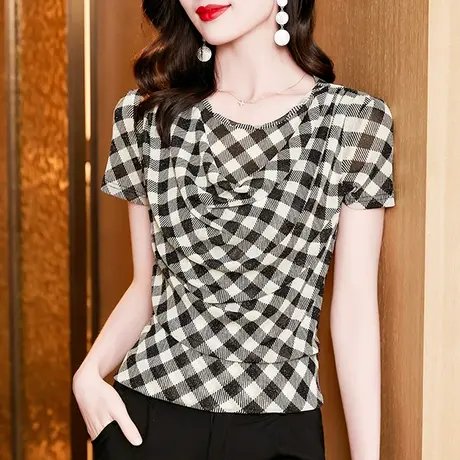 格子网纱短袖T恤女2023夏季新款垂感荡领上衣性感修身显瘦小衫ins商品大图