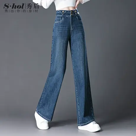 设计款双扣阔腿牛仔裤女高腰显瘦宽松直筒裤子秋冬新款女裤烟灰色图片