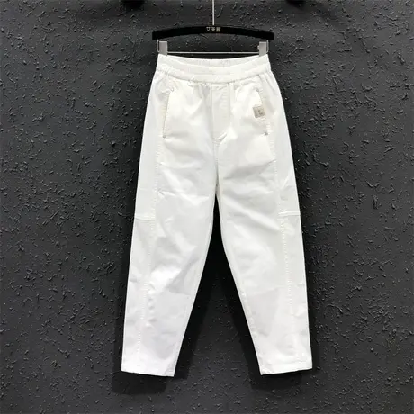 2023早秋新款白色松紧腰设计宽松百搭牛仔哈伦裤女休闲百搭老爹裤图片