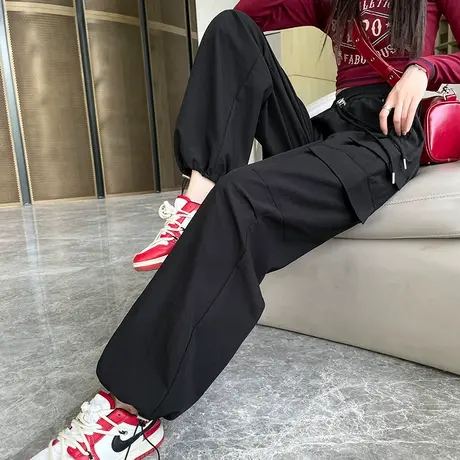 黑色工装裤女春秋新款高腰显瘦阔腿直筒休闲设计感美式复古运动裤商品大图
