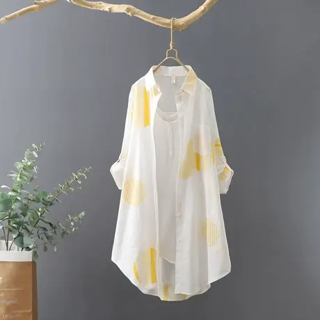 2023夏装新款文艺印花中长款薄款长袖防晒衣宽松防晒衬衫上衣棉商品大图