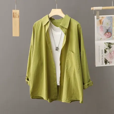 2023秋装衬衫女设计感小众休闲宽松外搭衬衣OL气质显白抹茶绿上衣图片