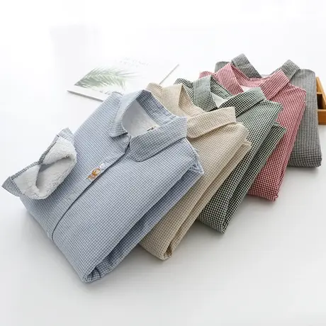 冬新款学院风文艺绣花加绒纯棉小格子衬衫女加厚百搭保暖打底上衣商品大图