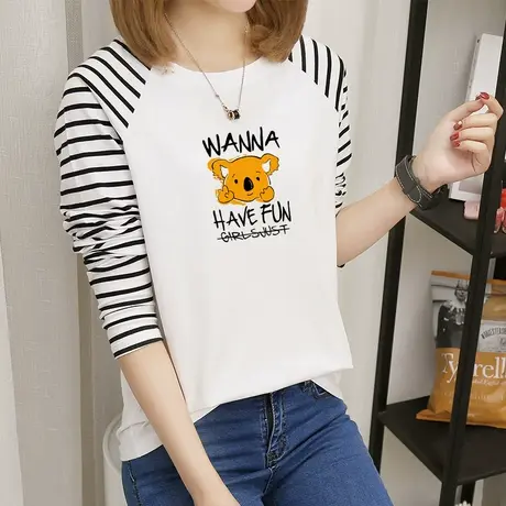 打底t恤女秋装新款卡通印花纯棉内搭长袖上衣2022年圆领撞色小衫商品大图