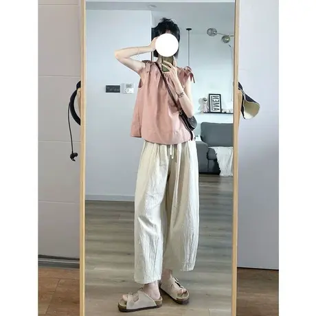粉色棉麻吊带背心女夏季高级感宽松亚麻衬衫甜美减龄短款无袖上衣商品大图