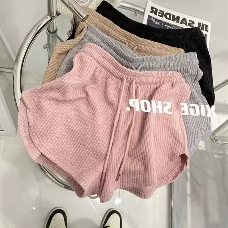 华夫格粉色短裤女夏季薄款宽松运动阔腿休闲高腰辣妹热裤商品大图