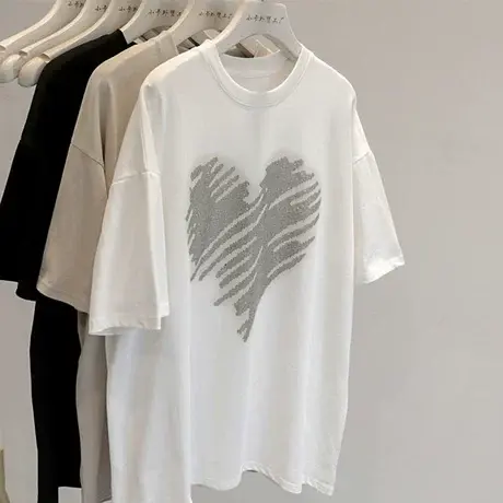 重工设计款~2023新款爱心烫钻宽松大版中长款圆领短袖T恤女图片