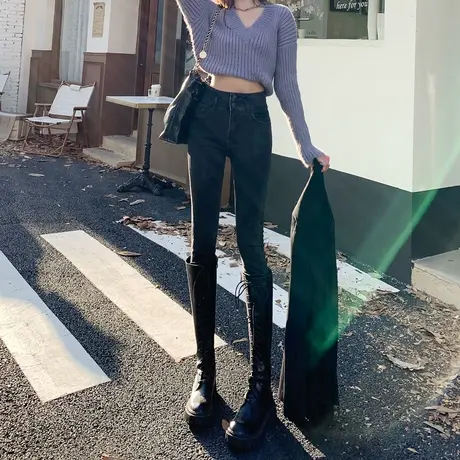 黑灰色高腰牛仔裤女2023年春秋新款修身显瘦显高紧身铅笔小脚裤子商品大图