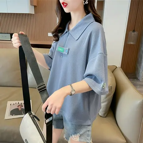 小众设计感短袖t恤女夏韩版宽松小个子华夫格短款翻领polo衫上衣图片