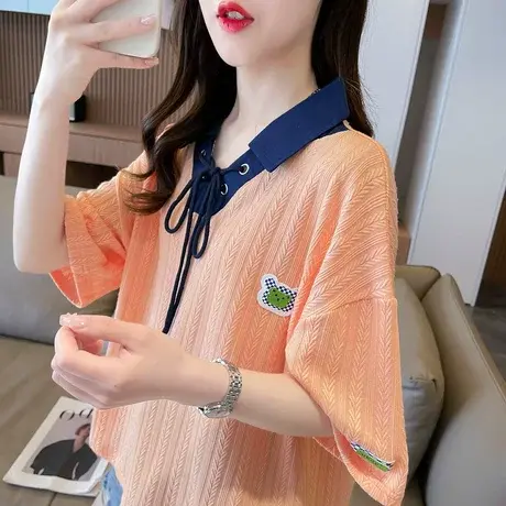 小众设计感短袖t恤女夏季韩版宽松大码短款个性绑带polo领上衣服图片