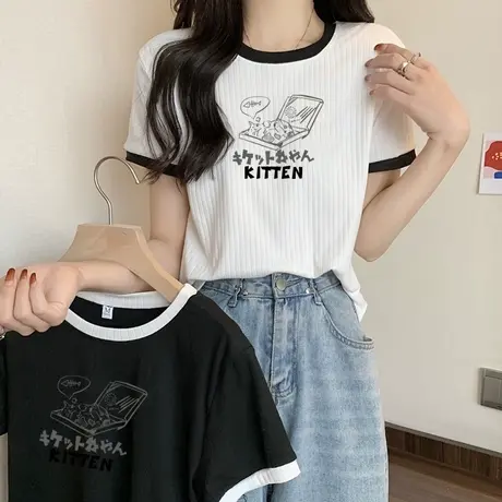 韩系港风短袖T恤女夏季修身正肩韩版修身洋气时尚短款半袖体恤潮商品大图
