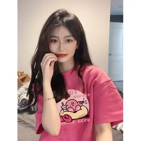 玫红色短袖t恤女夏季2022新款宽松设计感小众半袖港味chic上衣潮图片