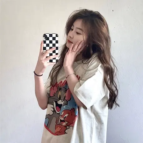 胖mm港味原宿风ins复古短袖t恤女夏设计感小众宽松oversize上衣潮商品大图