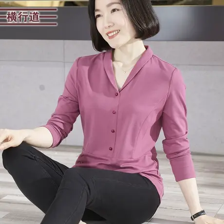 2023冬季新款休闲女士上衣简约V领宽松4粒扣长袖打底衫大码妈妈装商品大图