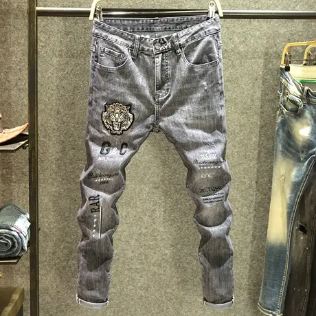 欧洲站街头痞帅牛仔裤男修身弹力小脚裤高端潮男虎头刺绣欧货长裤商品大图