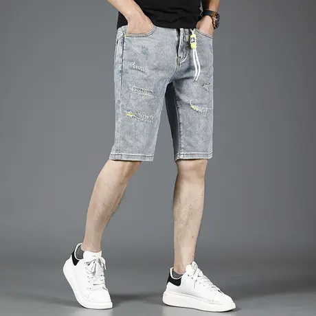 2023新款破洞牛仔短裤男夏季薄款五分裤修身潮牌痞帅男士休闲裤子商品大图