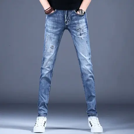 男士奢侈烫钻牛仔裤男款欧美休闲裤子男修身小脚秋款2023新款潮牌图片