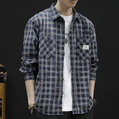 格子衬衫男帅气秋季潮牌2023宽松ins潮工装休闲衬衣长袖春秋外套商品大图