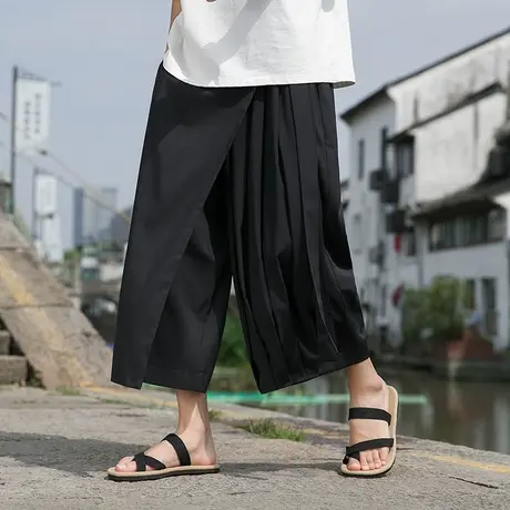 新中式男装山本耀司黑武士七分裤子男夏季暗黑裙裤直筒阔腿剑道裤商品大图