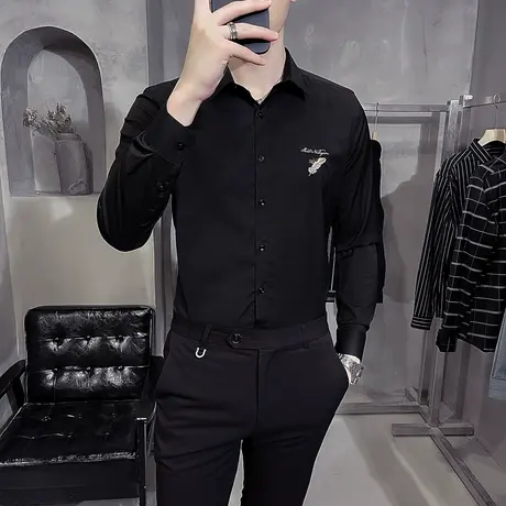 秋季高端免烫纯色衬衫男士长袖商务正装衬衣免烫抗皱绣花衬衣男潮商品大图