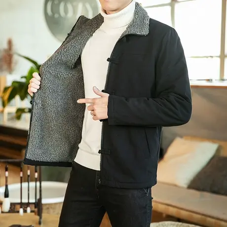 秋冬季男士棉衣中国风加绒棉麻羊羔绒中式复古盘扣休闲男装外套潮商品大图