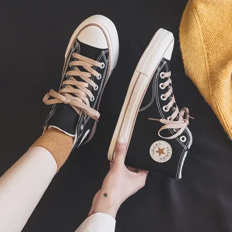 梦赛加绒高帮帆布鞋女2022秋冬二棉经典百搭学生运动休闲黑色板鞋图片