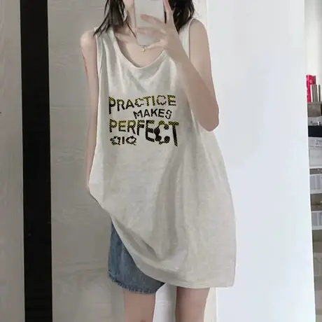 美式复古纯棉吊带运动坎肩背心无袖t恤女夏季外穿宽松篮球服上衣商品大图