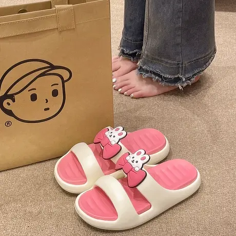 可爱蝴蝶结兔子拖鞋女夏季踩屎感外穿厚底室内居家浴室防滑凉拖鞋商品大图
