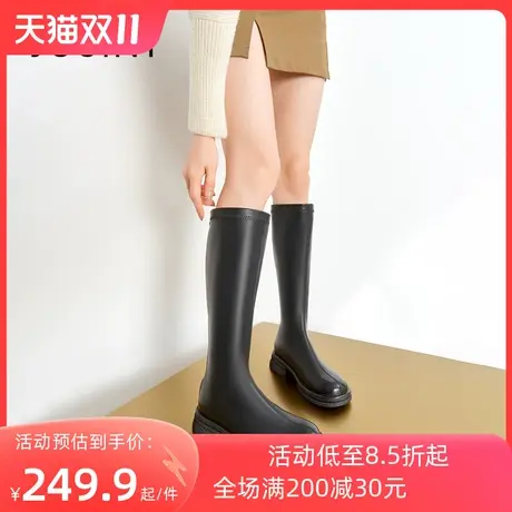 卓诗尼2023秋冬新款后拉链长筒靴加绒粗跟长筒靴时尚英伦风女靴子商品大图