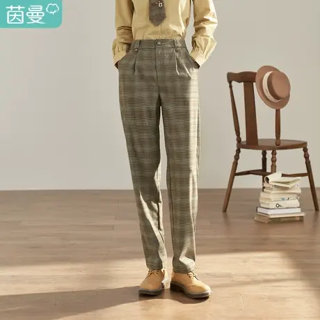【商场同款】茵曼2023春女装新款田园格纹显瘦修身中高腰萝卜裤图片