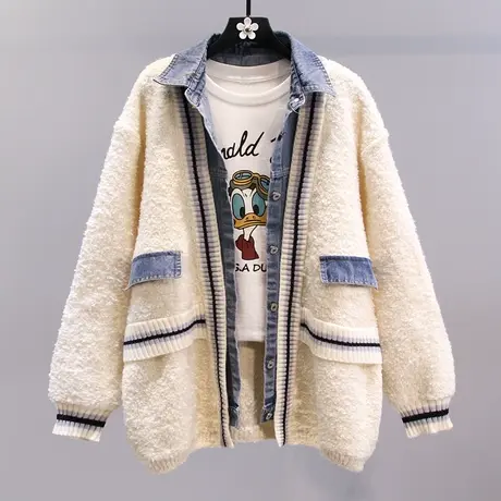 牛仔拼接毛衣外套女秋冬2023新款宽松假两件设计感休闲百搭上衣商品大图