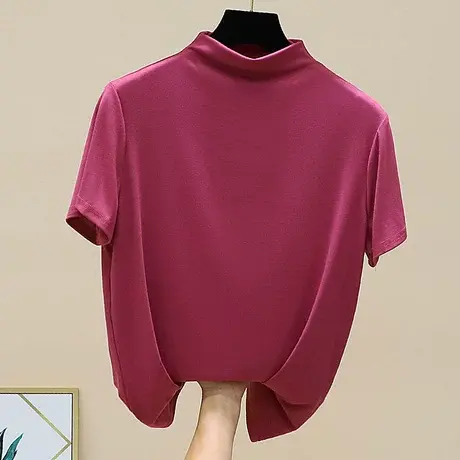 半高领短袖打底衫女黑色t恤2023春秋新款百搭薄款修身内搭上衣商品大图