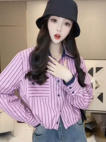 2023春季新款时尚短款竖条条纹百搭衬衫上衣女高档设计感外穿衬衣商品大图