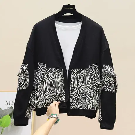 2023秋季新款斑马豹纹拼接开衫外套女短款长袖上衣百搭显瘦棒球服商品大图