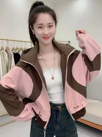 2023初秋新款连帽立领撞色夹克女短款小个子百搭设计感洋气薄外套商品大图