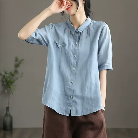 dza 高端亚麻衬衣女士短袖夏季新款气质棉麻上衣宽松薄款衬衣开衫图片