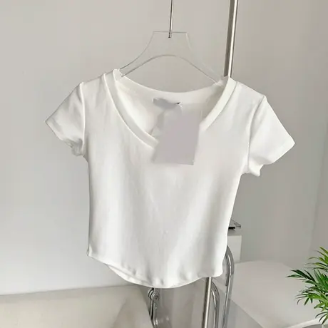纯欲风辣妹别致V领短袖t恤女夏季修身显瘦设计感小众正肩短款上衣商品大图