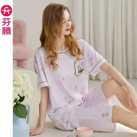 芬腾女士睡衣夏季纯棉短袖圆领套装女款薄款透气休闲加大码家居服商品大图