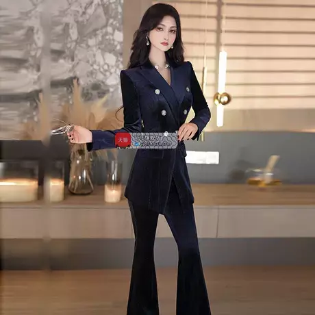 秋季高级感丝绒商务通勤套装新款欧美中长款西服长裤两件套图片