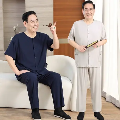 2025新款棉绸睡衣男开衫款爸爸爷爷中老年人家居服套装外穿宽松薄商品大图