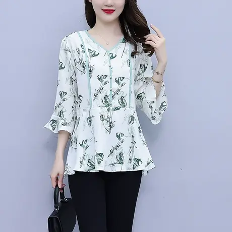 2023夏季新款大码女装减龄气质七分袖雪纺衫女印花遮肚显瘦小衫女图片