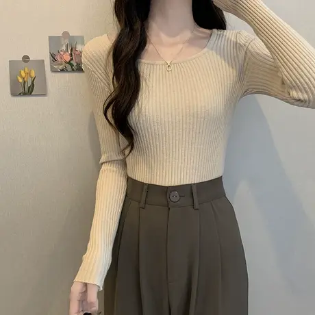 美式修身内搭打底衫女韩版chic大码方领长袖ins潮针织洋气上衣秋图片