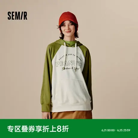 森马卫衣女中长款撞色插肩袖连帽秋oversize刺绣字母上衣美式复古图片