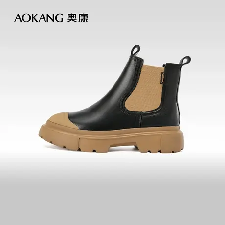 【运动皮鞋】奥康女鞋冬季厚底休闲切尔西靴真皮时尚潮流包头短靴商品大图