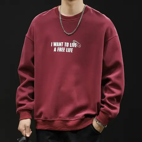 潮牌重磅卫衣男秋冬款圆领男款酒红衣服秋季2023新款长袖大码印花图片