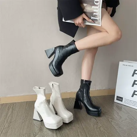 永希方头短靴女2023年秋新款粗跟中筒靴厚底马丁靴时髦酷帅瘦瘦靴图片