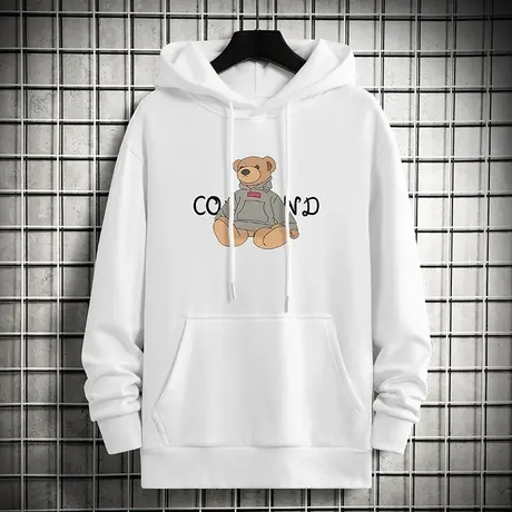 连帽卫衣男宽松潮流白色小熊外套秋冬加绒加厚长袖带帽衫休闲百搭商品大图