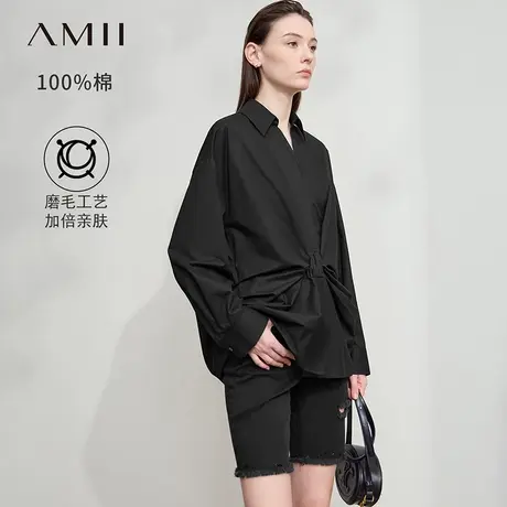 Amii2025秋新款解构收褶蝴蝶结翻领白衬衫女宽松中长款衬衣上衣图片